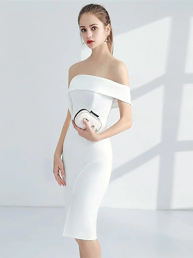 Minimalistisches, elegantes Verlobungs-Cocktailpartykleid, trägerlos, ärmellos, knielang, Stretchstoff mit glattem Schlitz